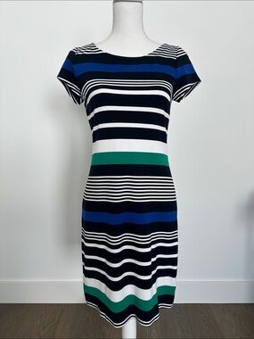Banana Republic Navy, White, Blue & Green Striped Short-Sleeve Shift Dress
